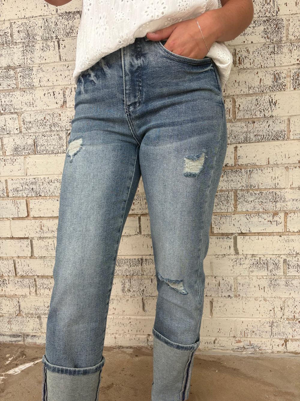 Vintage Stone Wash High Rise Distressed Cuffed Boyfriend Jeans Product Image