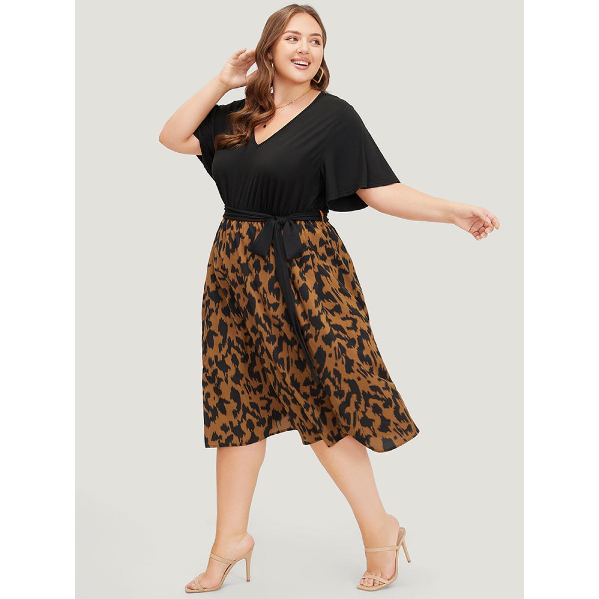 Plus Size Allover Print Contrast Belted Ruffle Sleeve Patchwork Dress Black Women Elegant Contrast V-neck Short sleeve Curvy Midi Dress BloomChic 10/M Product Image