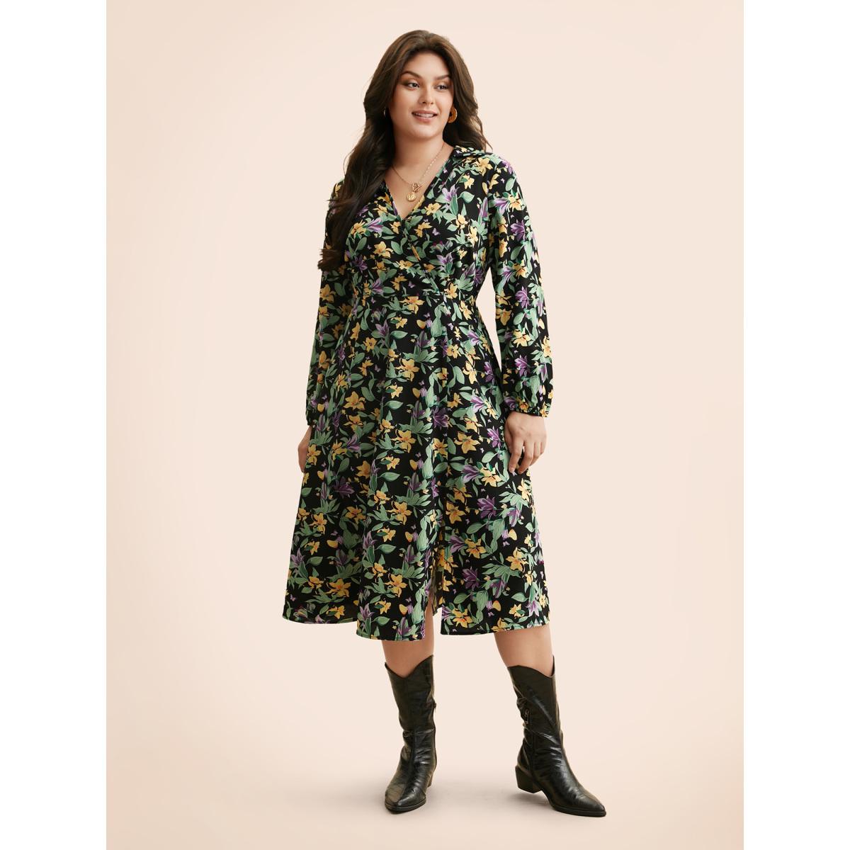 Plus Size Floral Overlap Collar Lantern Sleeve Dress Black Women Elegant Non Overlap Collar Long Sleeve Curvy BloomChic 12/L Product Image