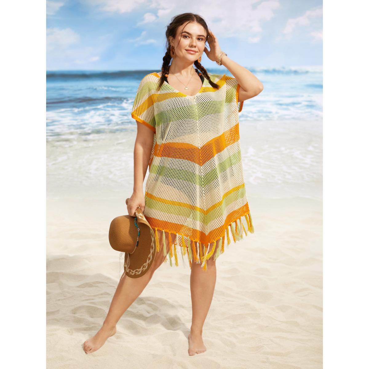 Plus Size Geometric Dolman Sleeve Tassel Trim Swim Cover Up Women's Swimwear Multicolor Beach Loose Tassels Curve Swim Cover Ups BloomChic 30/6X Product Image