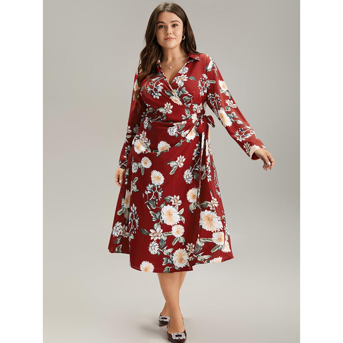 Plus Size Floral Print Knotted Shirt Collar Dress Scarlet Women Elegant Printed V-neck Long Sleeve Curvy Midi Dress BloomChic 22-24/3X Product Image