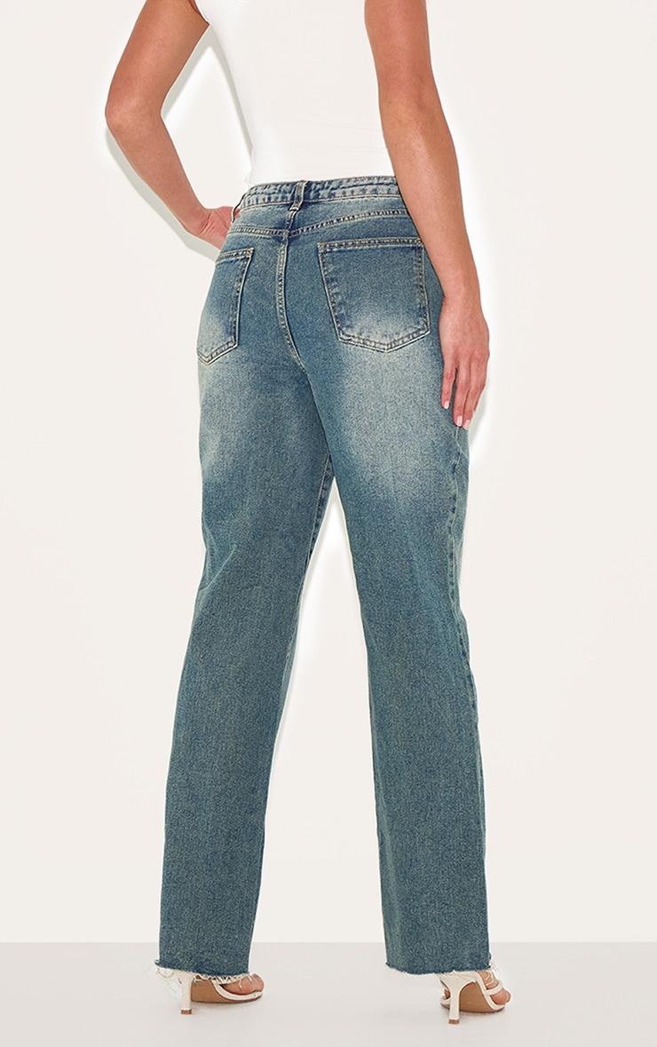 Tall Indigo Vintage Wash Frayed Hem Wide Leg Jeans Product Image