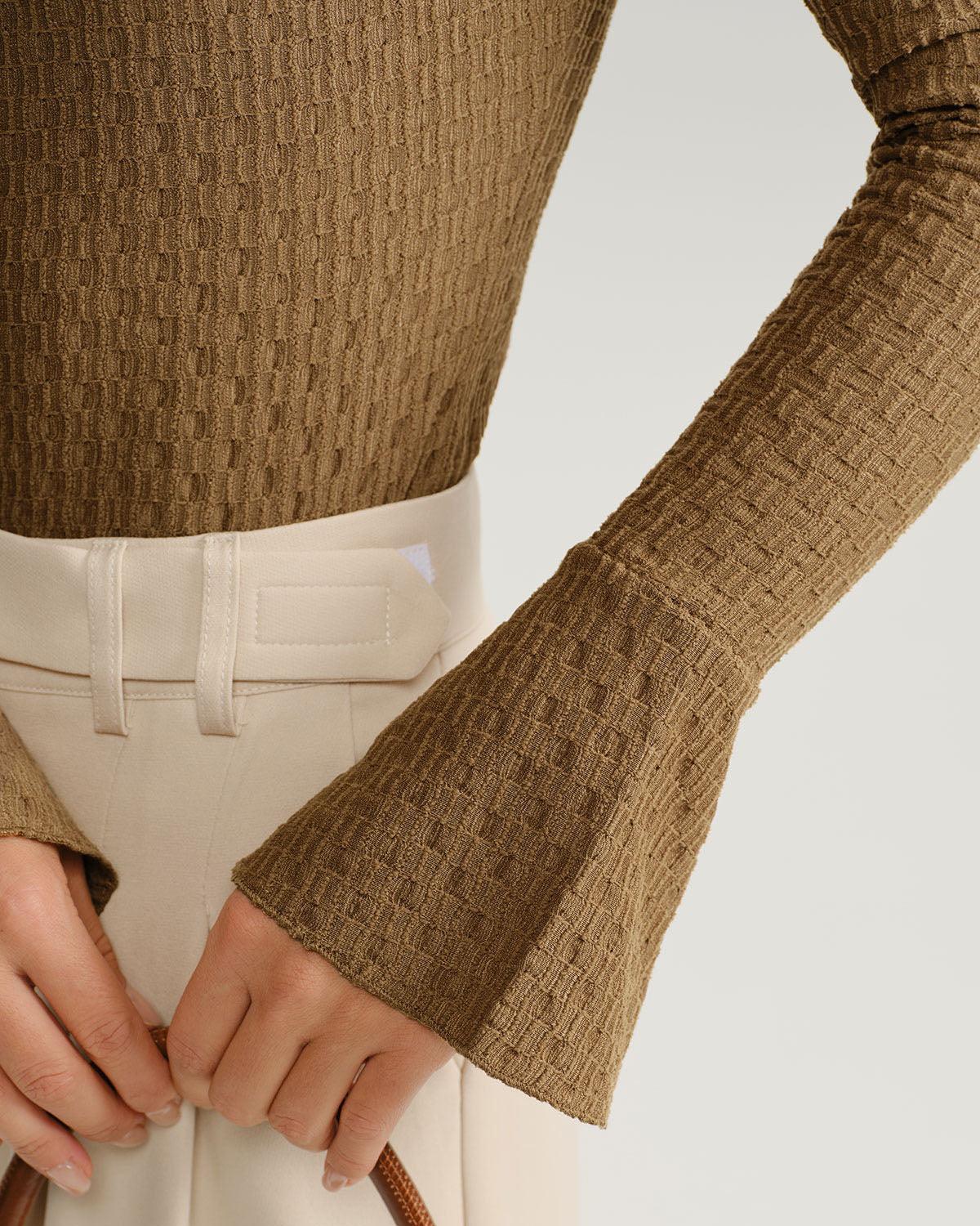 Brown Boat Neck Bell Sleeve Knit Tee Product Image