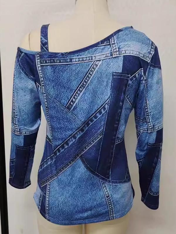 Long Sleeves Loose Asymmetric Printed Split-Joint Cold Shoulder T-Shirts Tops Product Image