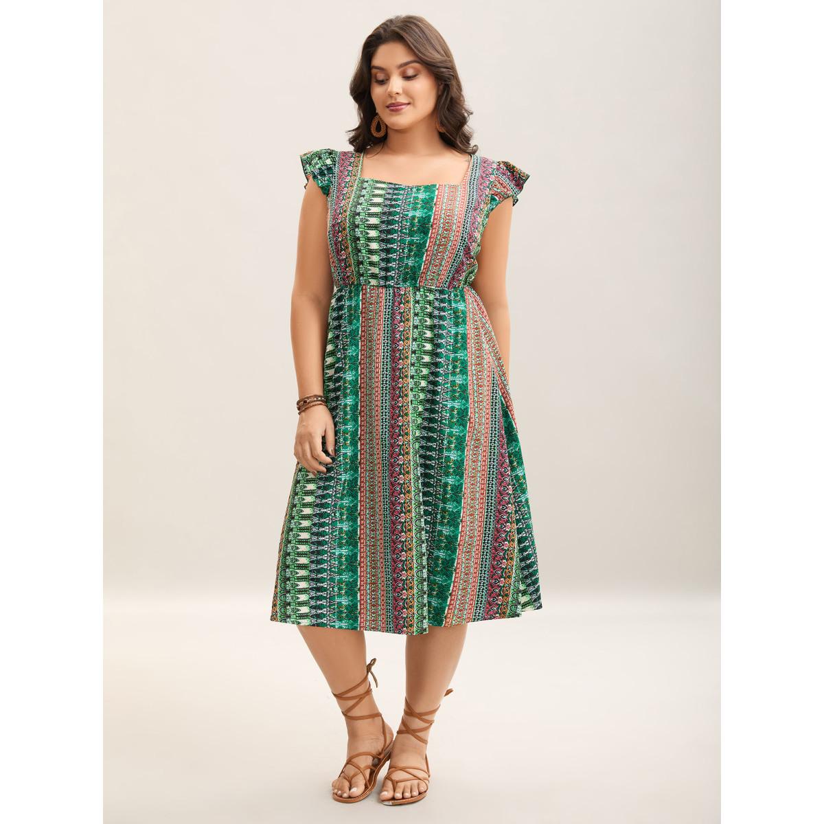Plus Size Boho Stripes Pockets Flutter Midi Dress Emerald Women Heart neckline Cap Sleeve Curvy BloomChic 30/6X Product Image