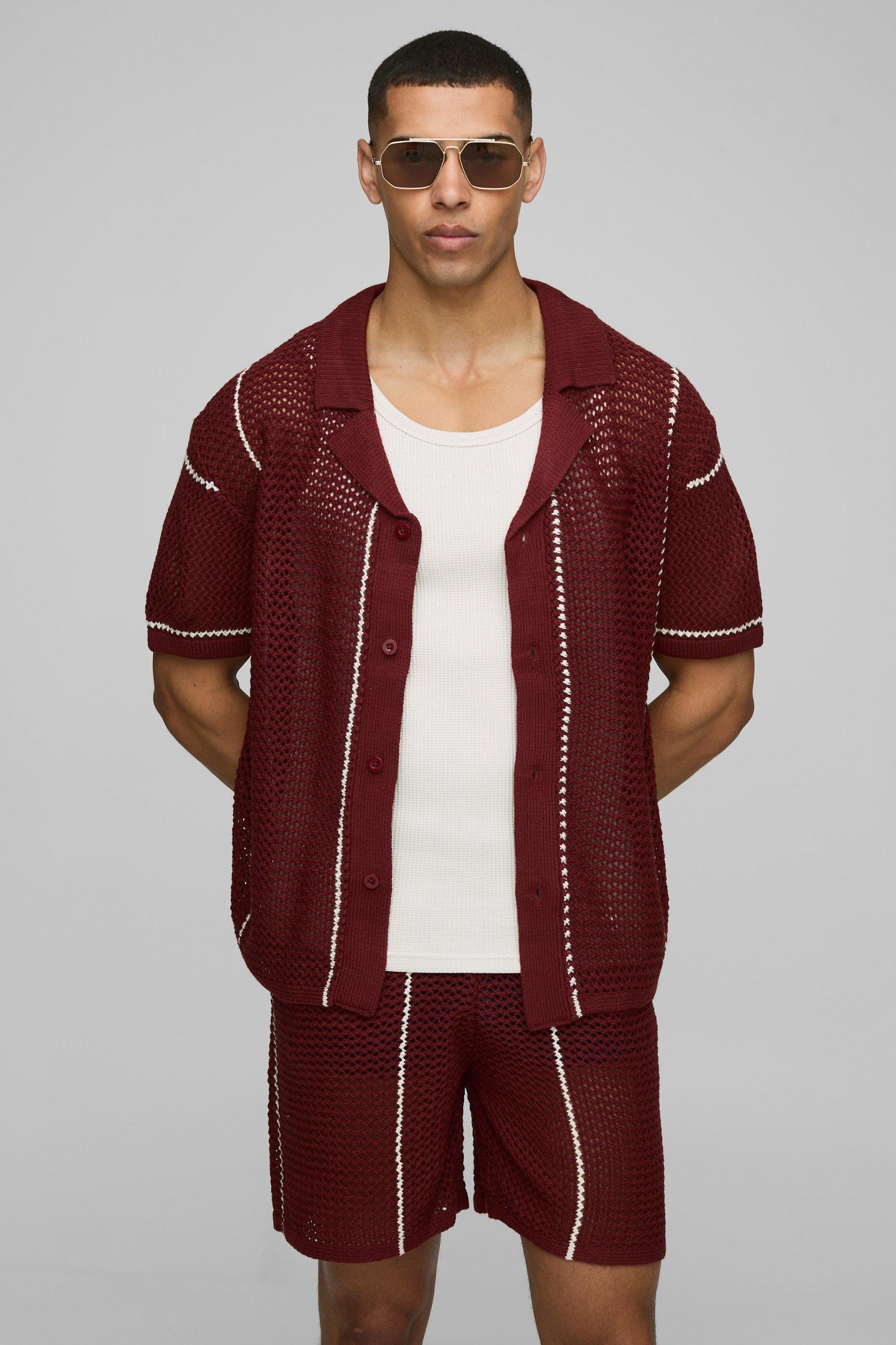 Boxy Revere Collar Open Stitch Stripe Knitted Shorts Set | boohooMAN USA Product Image