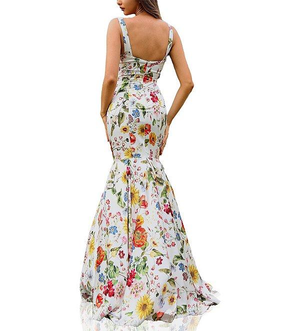 Terani Couture Sweetheart Neck Floral Printed Satin Sleeveless Mermaid Gown Product Image