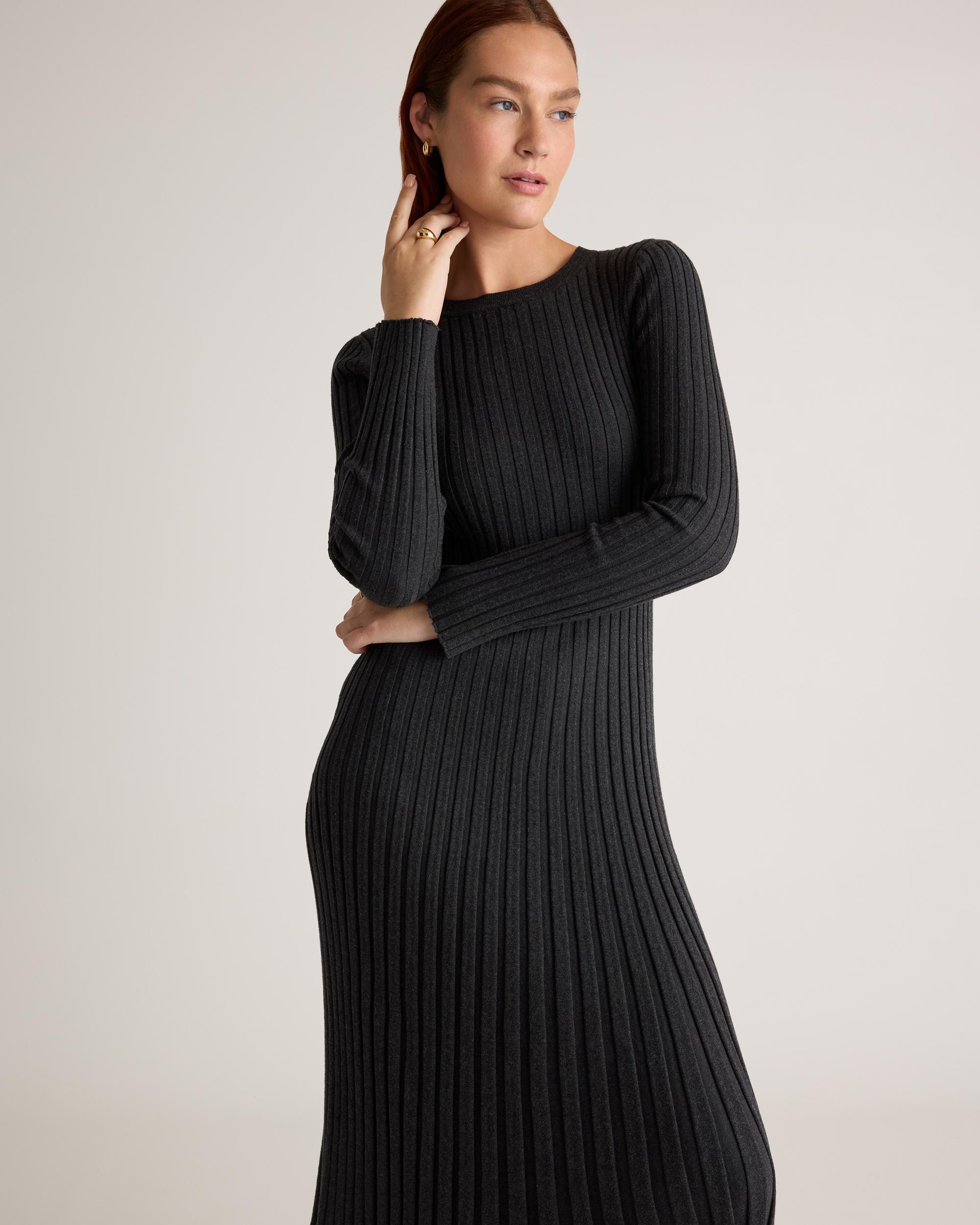 Quince | Women's Cotton Cashmere Ribbed Long Sleeve Crew Midi Dress Product Image