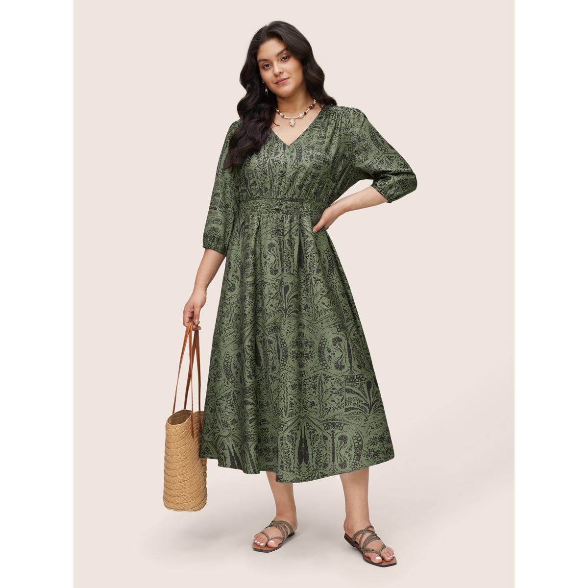 Plus Size Paisley Print Shirred Lantern Sleeve Dress ArmyGreen Women Vacation Elastic cuffs V-neck Elbow-length sleeve Curvy Midi Dress BloomChic 14-16/1X Product Image