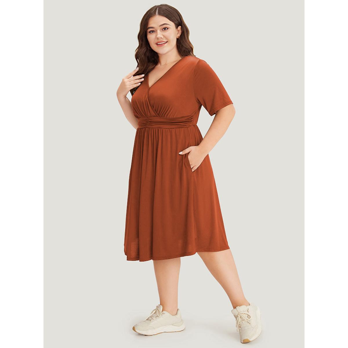 Plus Size Supersoft Essentials Solid Surplice Neck Ruched Front Dress Rust Women Casual Wrap V-neck Short sleeve Curvy Midi Dress BloomChic 18-20/2X Product Image