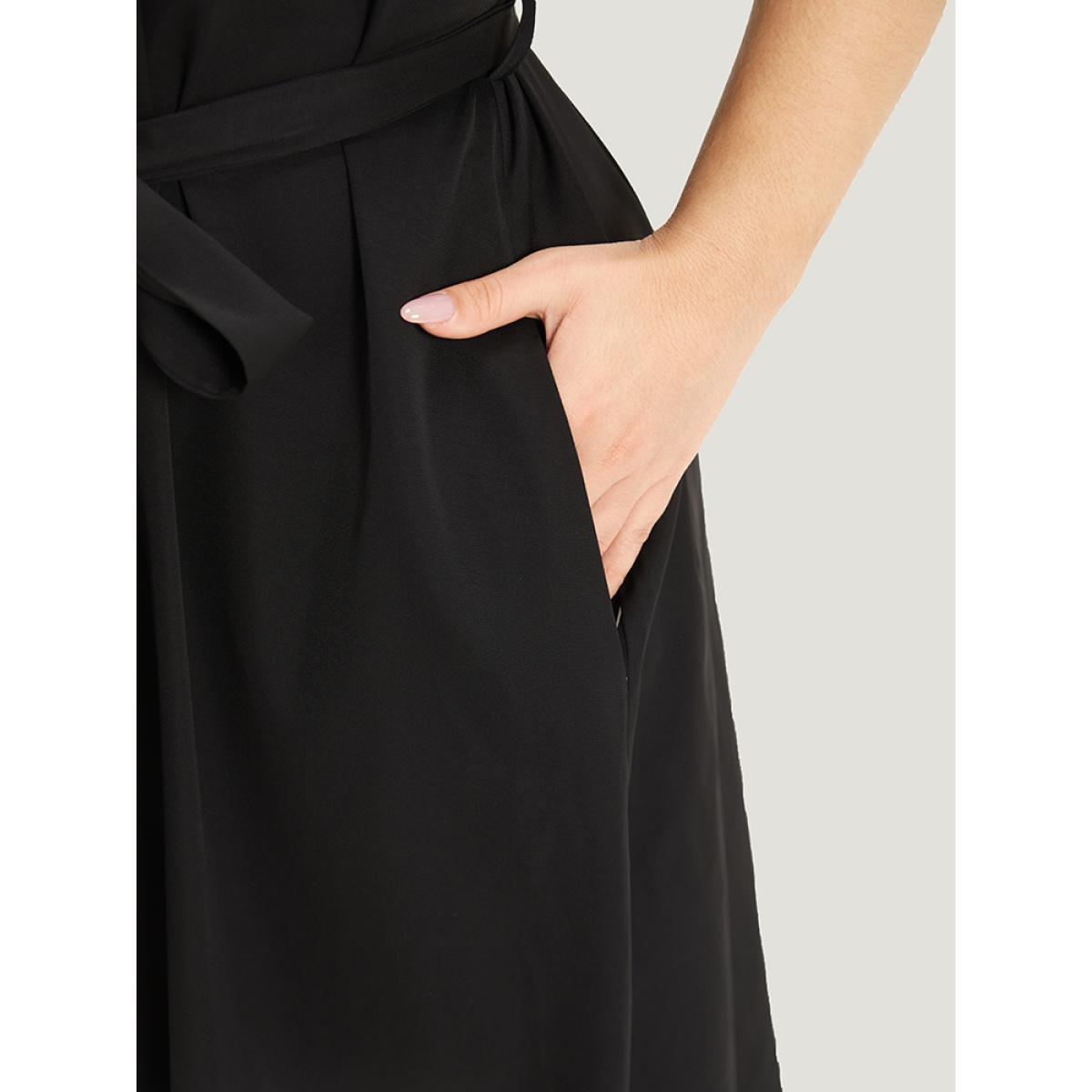 Plus Size Striped Patchwork Pocket Button Detail Belted Dress Black Women Office Plain V-neck Short sleeve Curvy Midi Dress BloomChic 30/6X Product Image