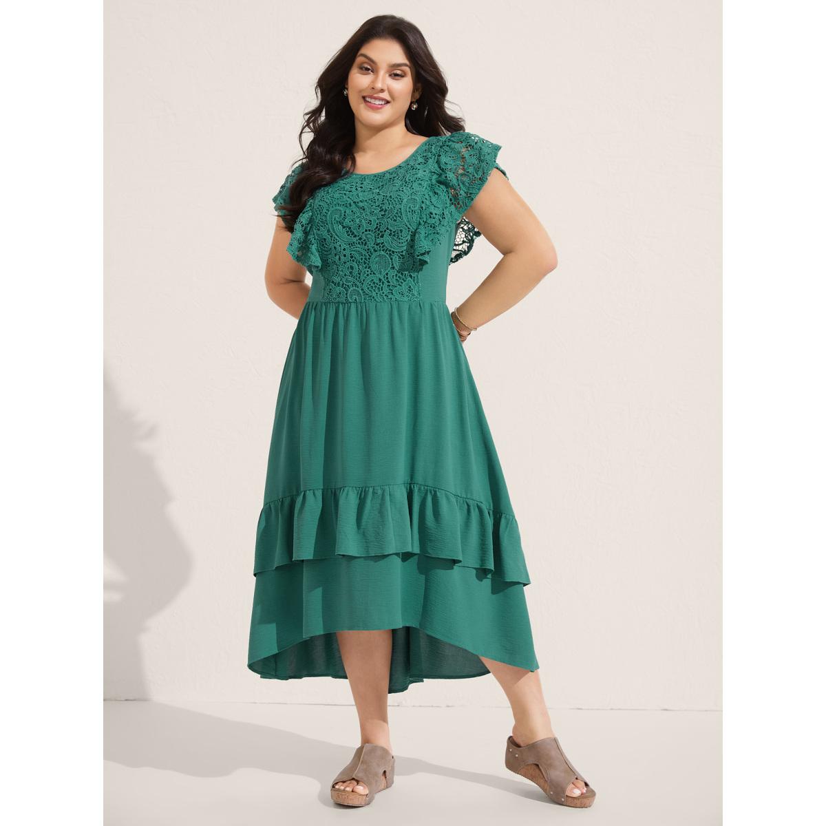 Plus Size Lace Pleated Ruffled Sleeve Midi Dress Emerald Women Round Neck Sleeveless Curvy BloomChic 22-24/3X Product Image