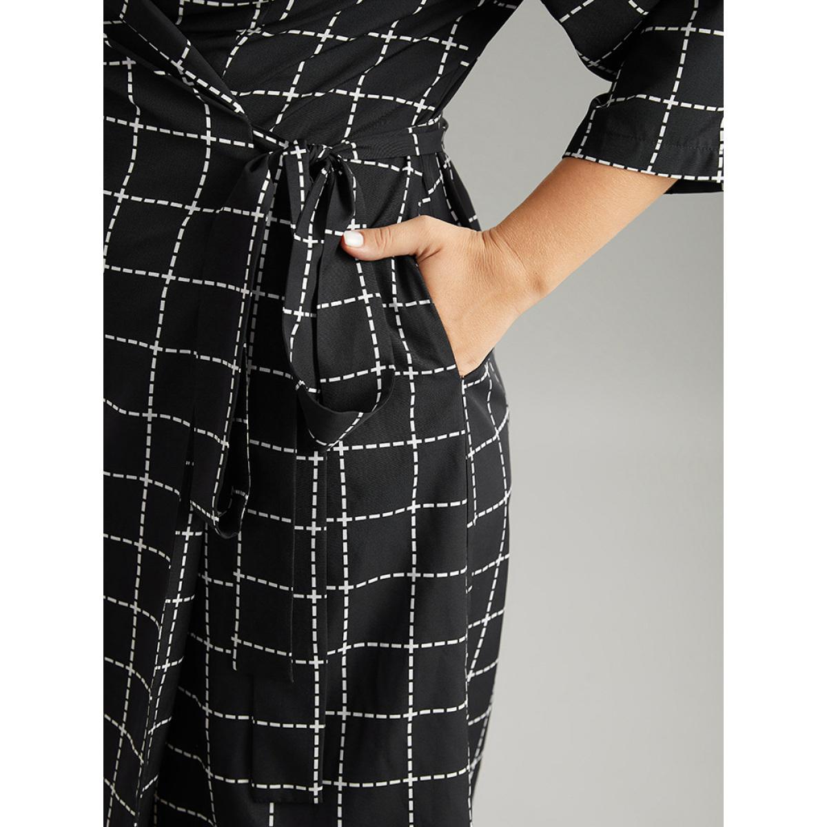 Plus Size Plaid Suit Collar Pocket Ties Wrap Dress Black Women Office Wrap Suit Collar Elbow-length sleeve Curvy Midi Dress BloomChic 18-20/2X Product Image