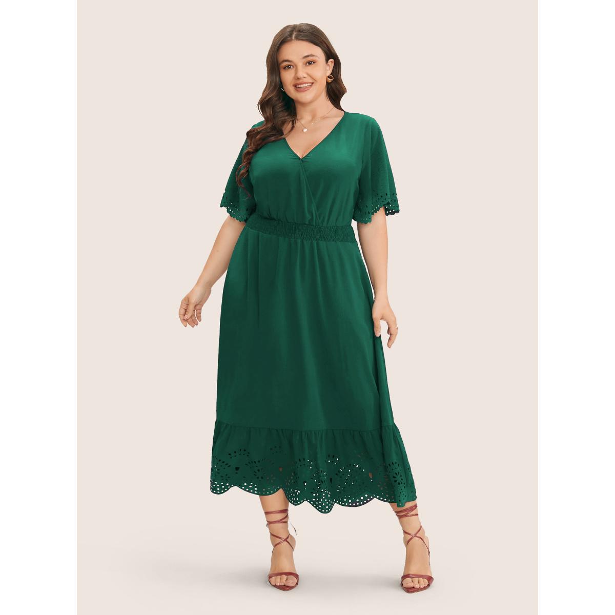 Plus Size Solid Laser Cut Shirred Pocket Wrap Scalloped Trim Flutter Dress Green Women Elegant Non V-neck Short sleeve Curvy Midi Dress BloomChic 30/6X Product Image