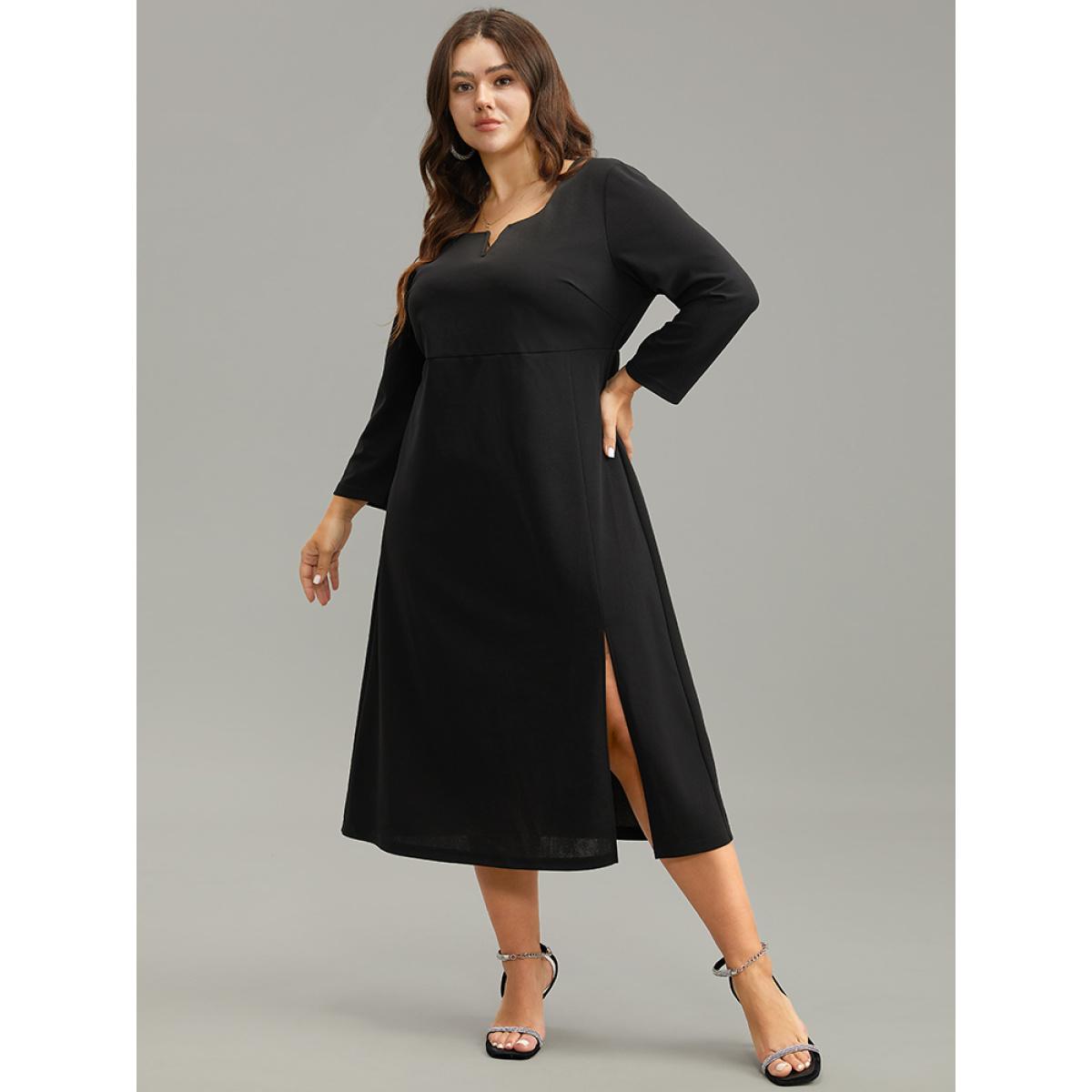 Plus Size Plain Notched Elastic Waist Split Hem Dress Black Women Glamour Plain Notched collar Long Sleeve Curvy Midi Dress BloomChic 12/L Product Image