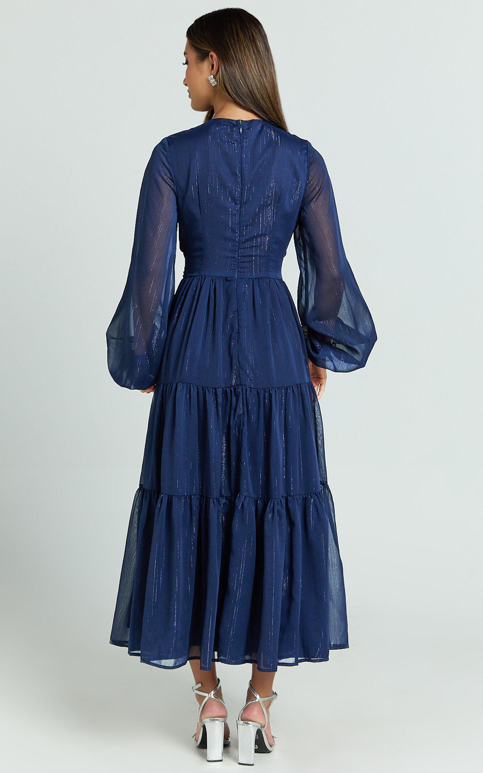 Edelyn Midi Dress - Cut Out Balloon Sleeve Tiered Dress in Navy Product Image