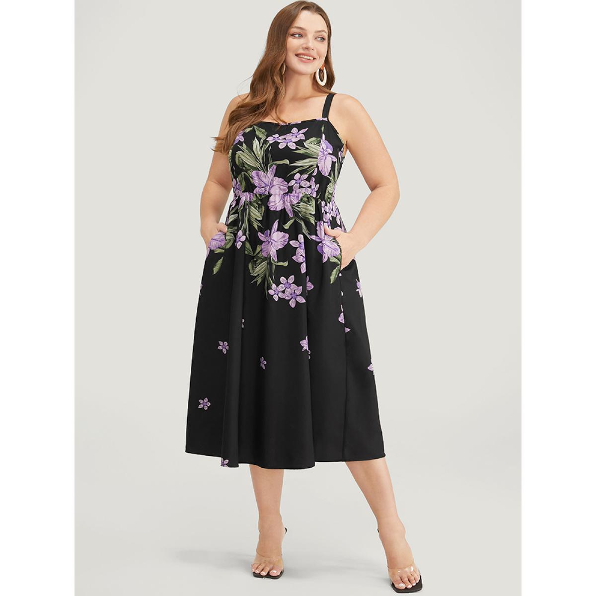 Plus Size Floral Pocket Adjustable Straps Ruffle Hem Cami Dress Black Women Elegant Adjustable Straps Spaghetti Strap Sleeveless Curvy Midi Dress BloomChic 22-24/3X Product Image