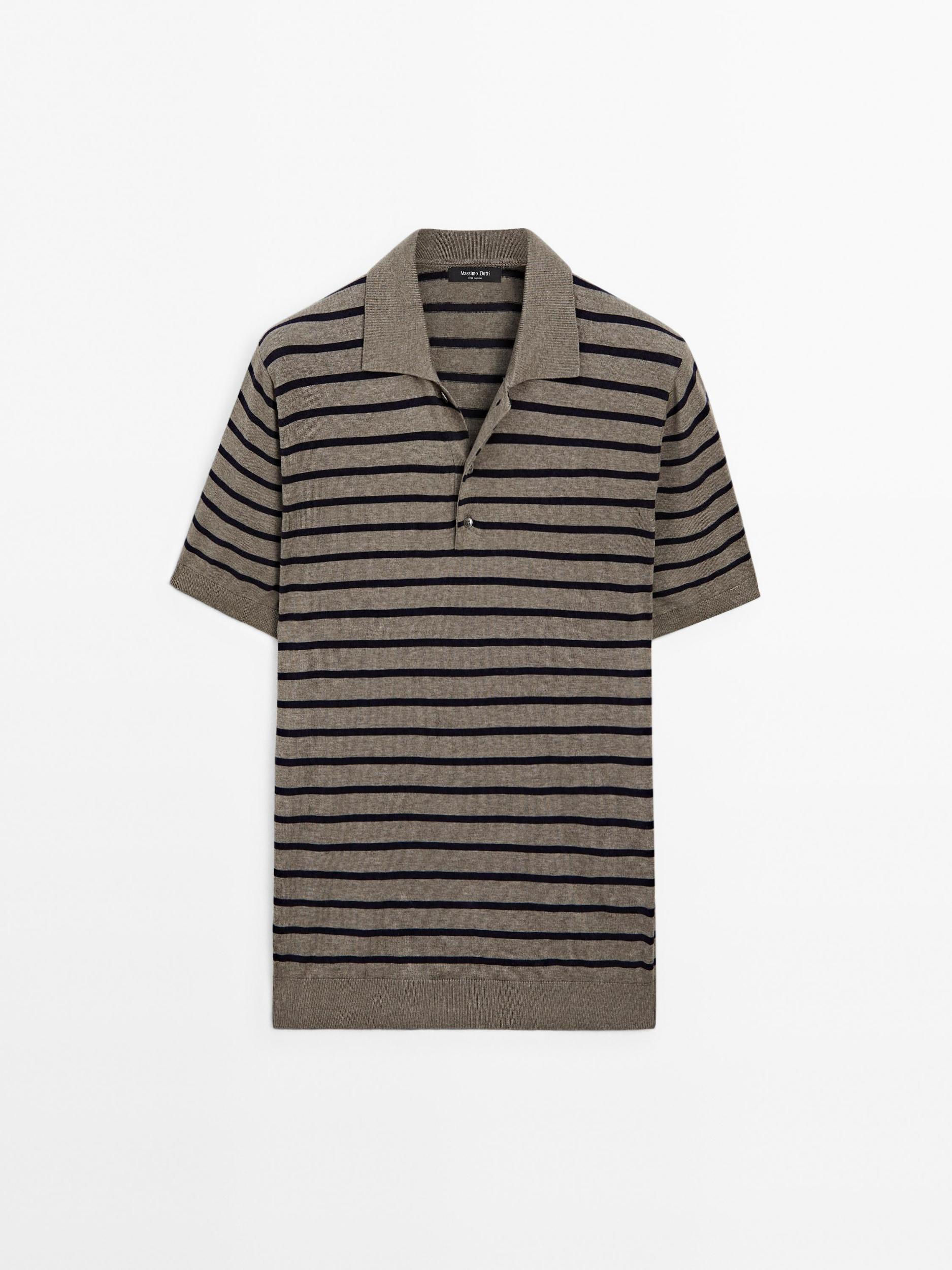 Short sleeve striped knit polo shirt Product Image