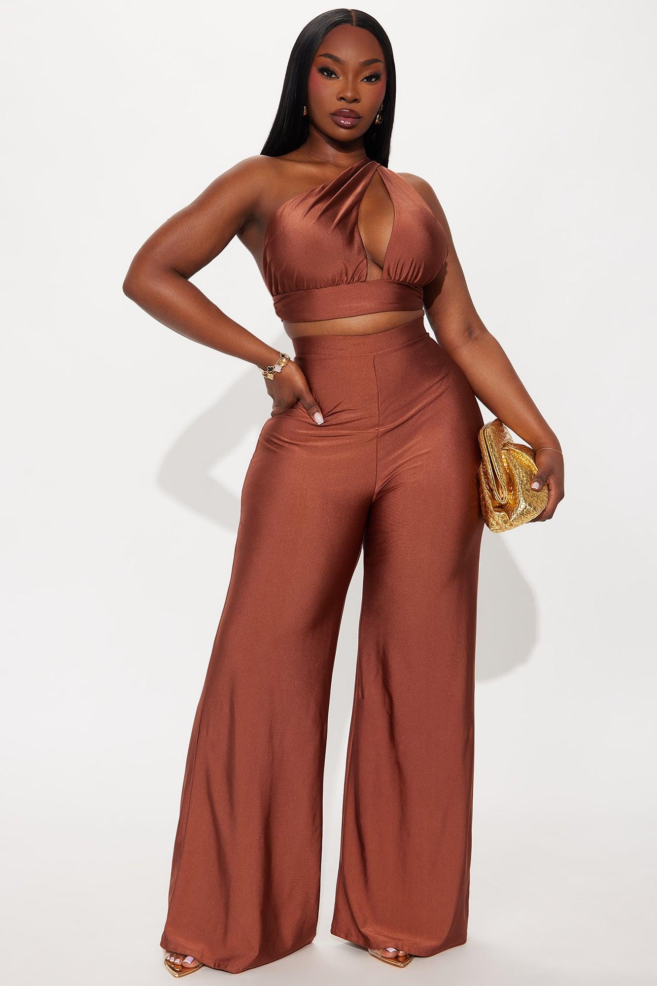 Sasha One Shoulder Wide Leg Pant Set - Brown Female Product Image