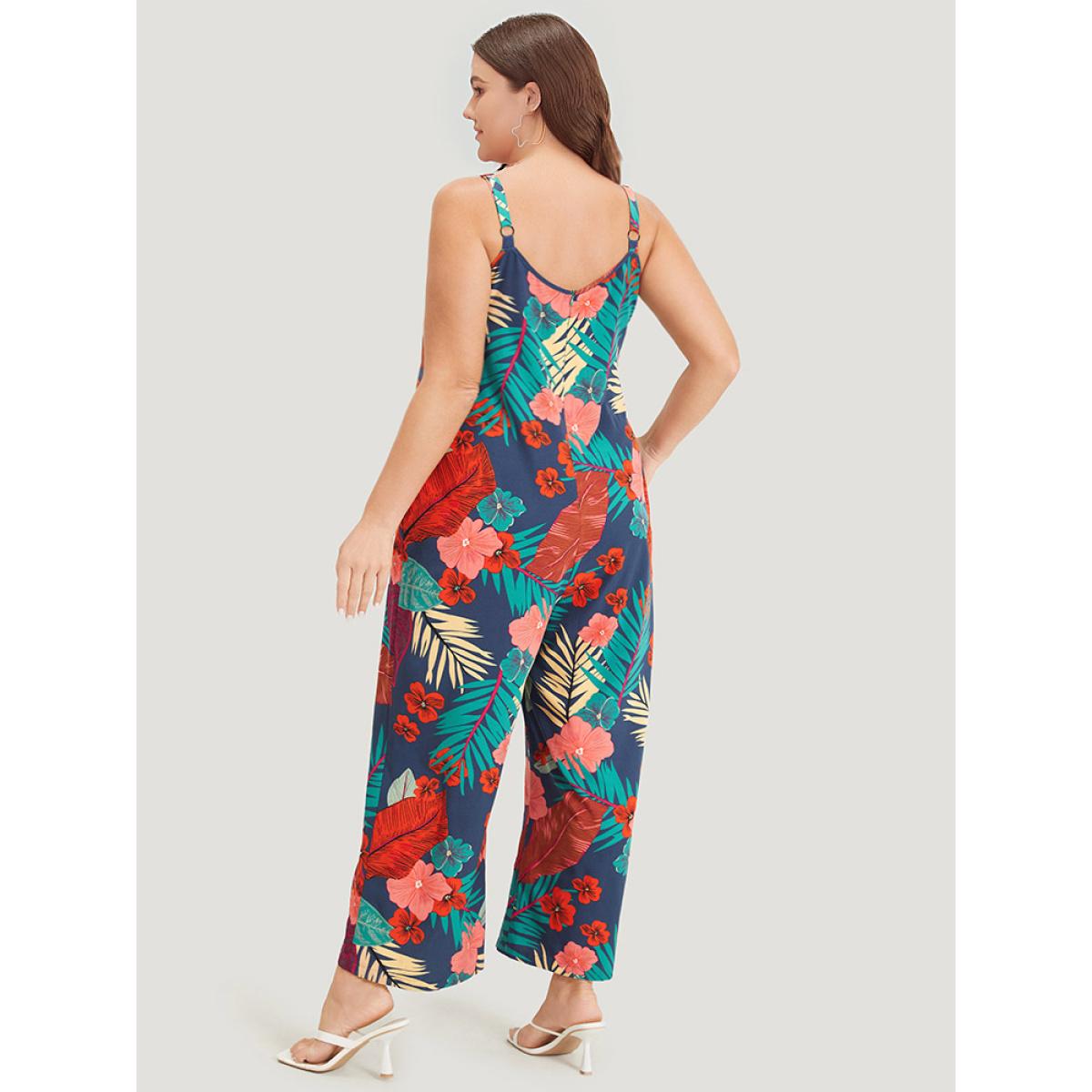 Plus Size Indigo Floral Print Pocket Cami Jumpsuit Women Elegant Sleeveless Spaghetti Strap Dailywear Loose Jumpsuits BloomChic 22-24/3X Product Image