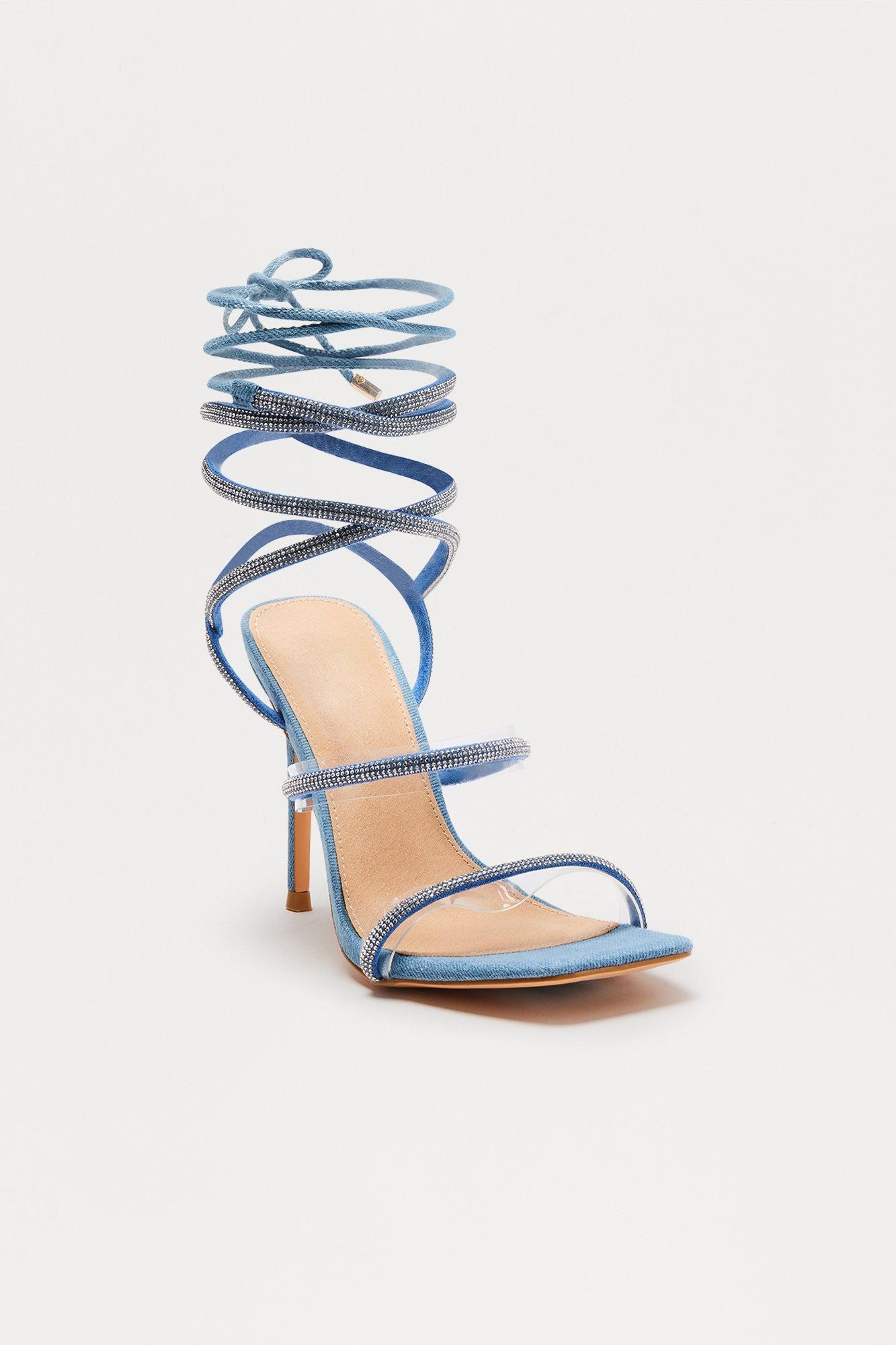 Hexa Rhinestone Wrap Up Heels - Denim Product Image