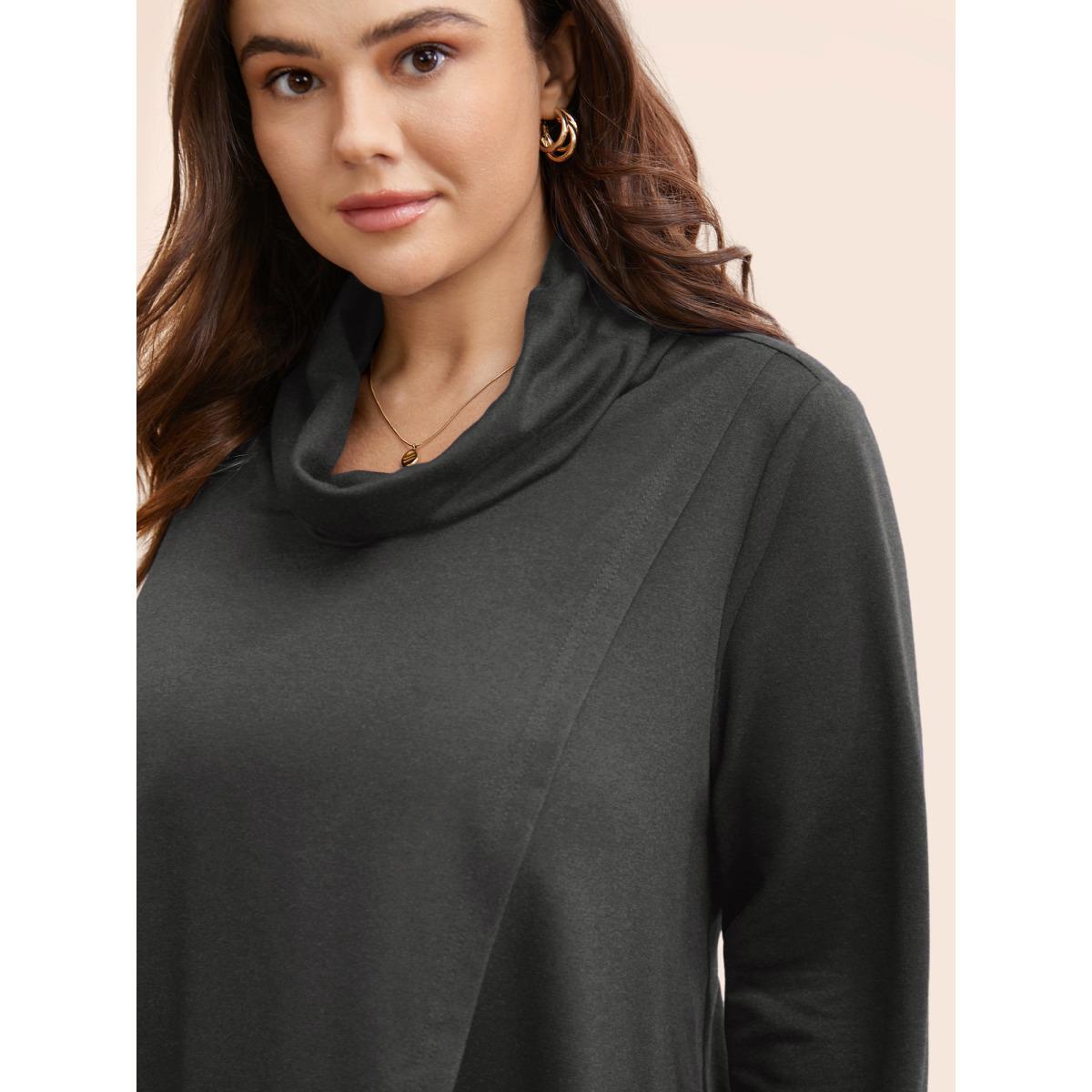 Plus Size Supersoft Plain Wrap Hem Turtleneck Sweatshirt Women Gray Leisure Wrap Turtleneck Casual Sweatshirts BloomChic 30/6X Product Image