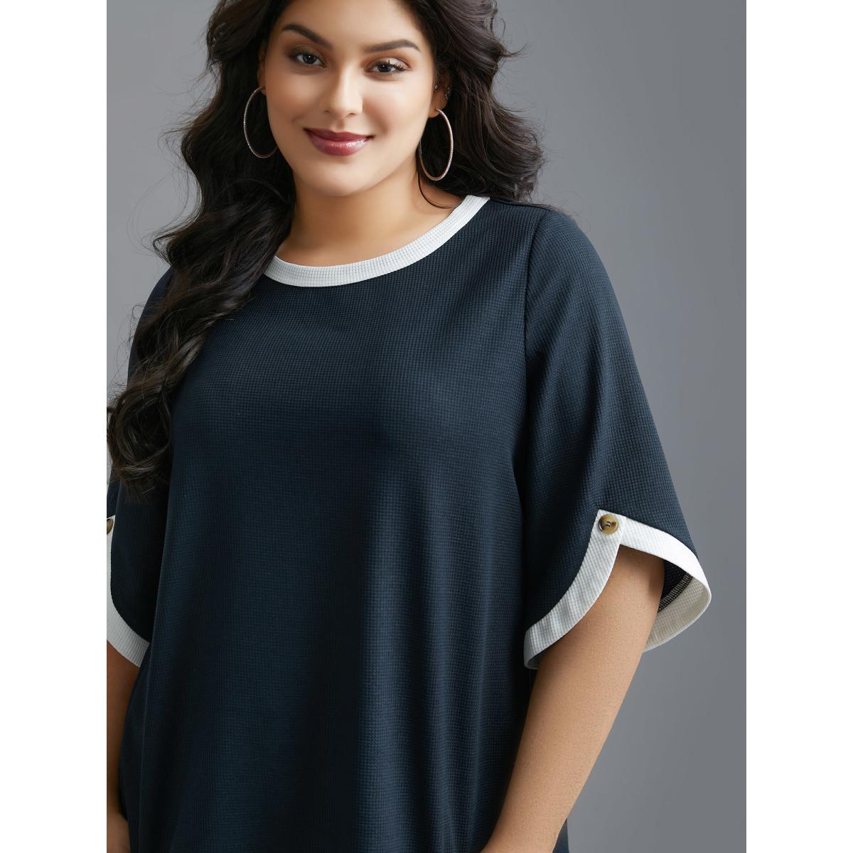 Plus Size Color Contrast Waffle Knit Bell Sleeve T-Shirt Indigo Women Casual Texture Round Neck Everyday T-shirts BloomChic 12/L Product Image
