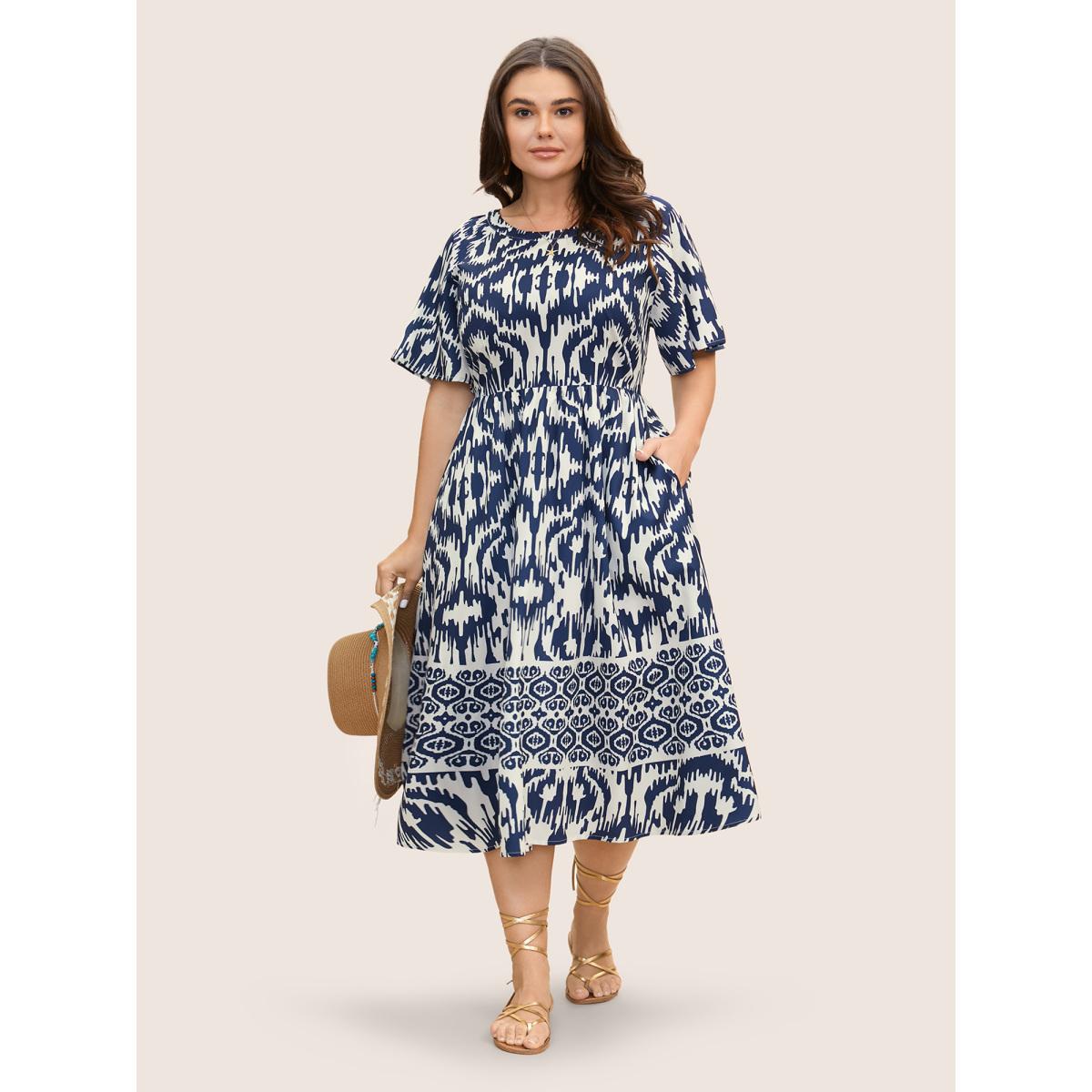 Plus Size Boho Print Ruffle Sleeve Midi Dress DarkBlue Women Resort Non Round Neck Short sleeve Curvy BloomChic 10/M Product Image