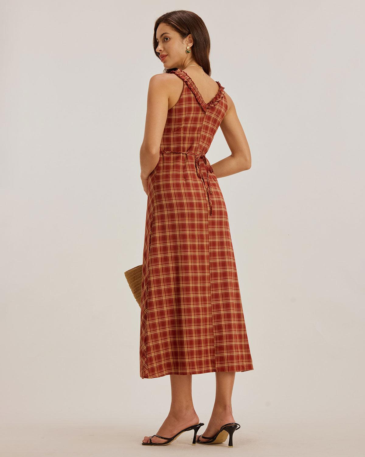 Red Plaid V Neck Slip Maxi Dress Product Image