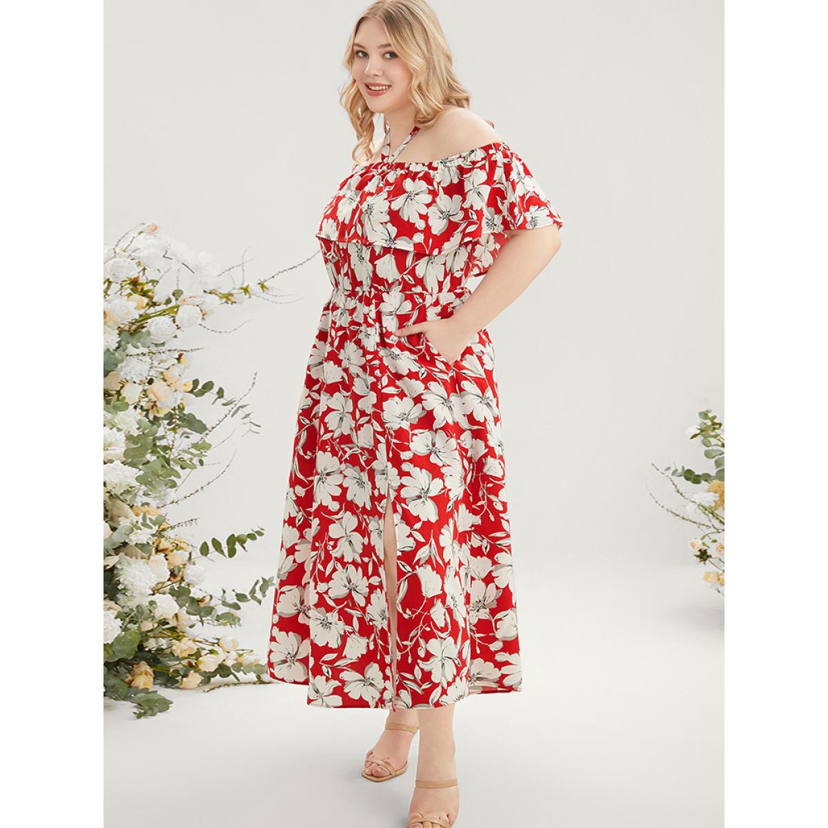 Plus Size Floral Print Pocket Ruffles Trim Split Halter Maxi Dress Scarlet Women Elegant Elastic Waist Halter neck Short sleeve Curvy Long Dress BloomChic 22-24/3X Product Image