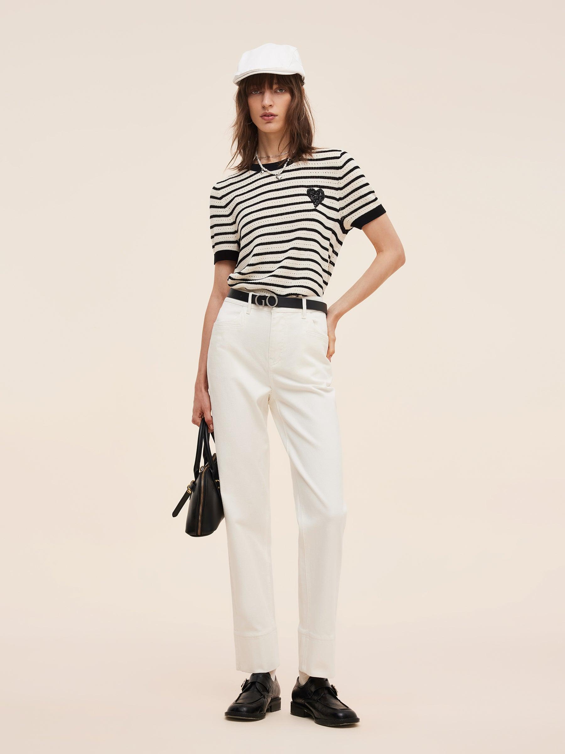 100% Cotton Stripe Women Openwork Knit T-Shirt Product Image