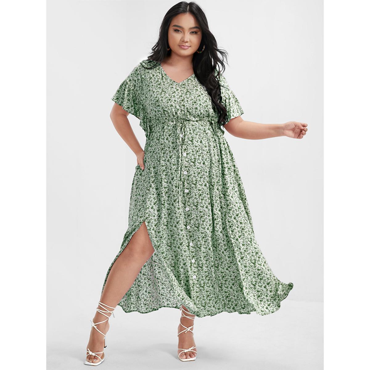 Plus Size Ditsy Floral Ruffles Pocket Button Split Maxi Dress LightGreen Women Elegant Printed V-neck Cap Sleeve Curvy Long Dress BloomChic 30/6X Product Image