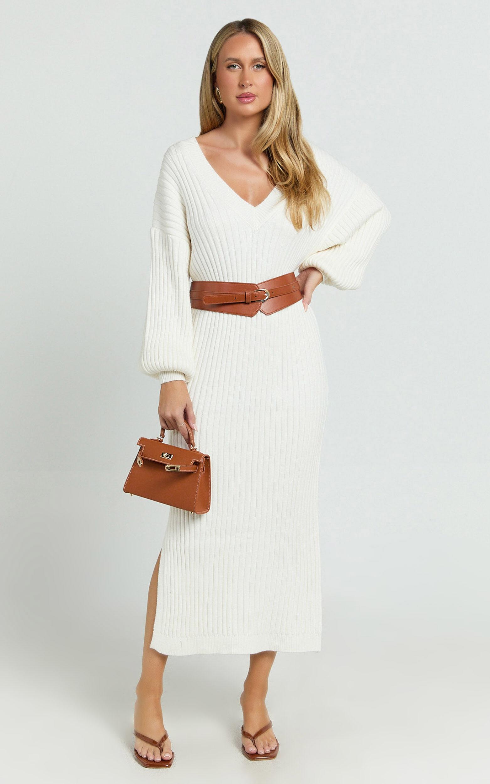 Kartia Midi Dress - V Neck Knit Dress in Off White Product Image