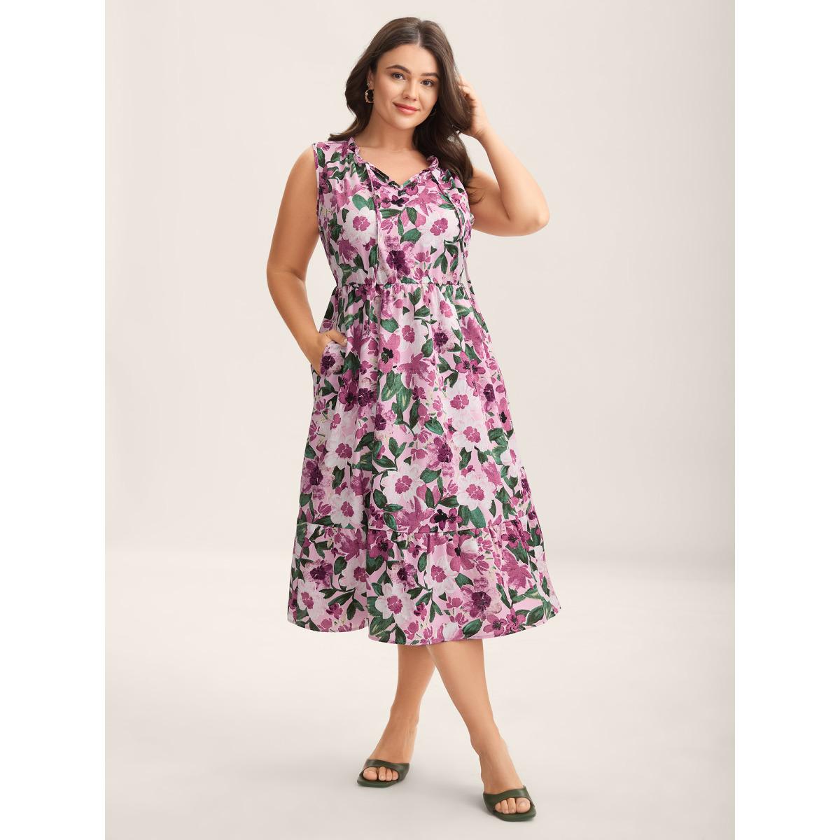 Plus Size Floral Print Cinched-Waist Pockets Midi Dress Lilac Women Timeless Notched collar Sleeveless Curvy BloomChic 28/5X Product Image