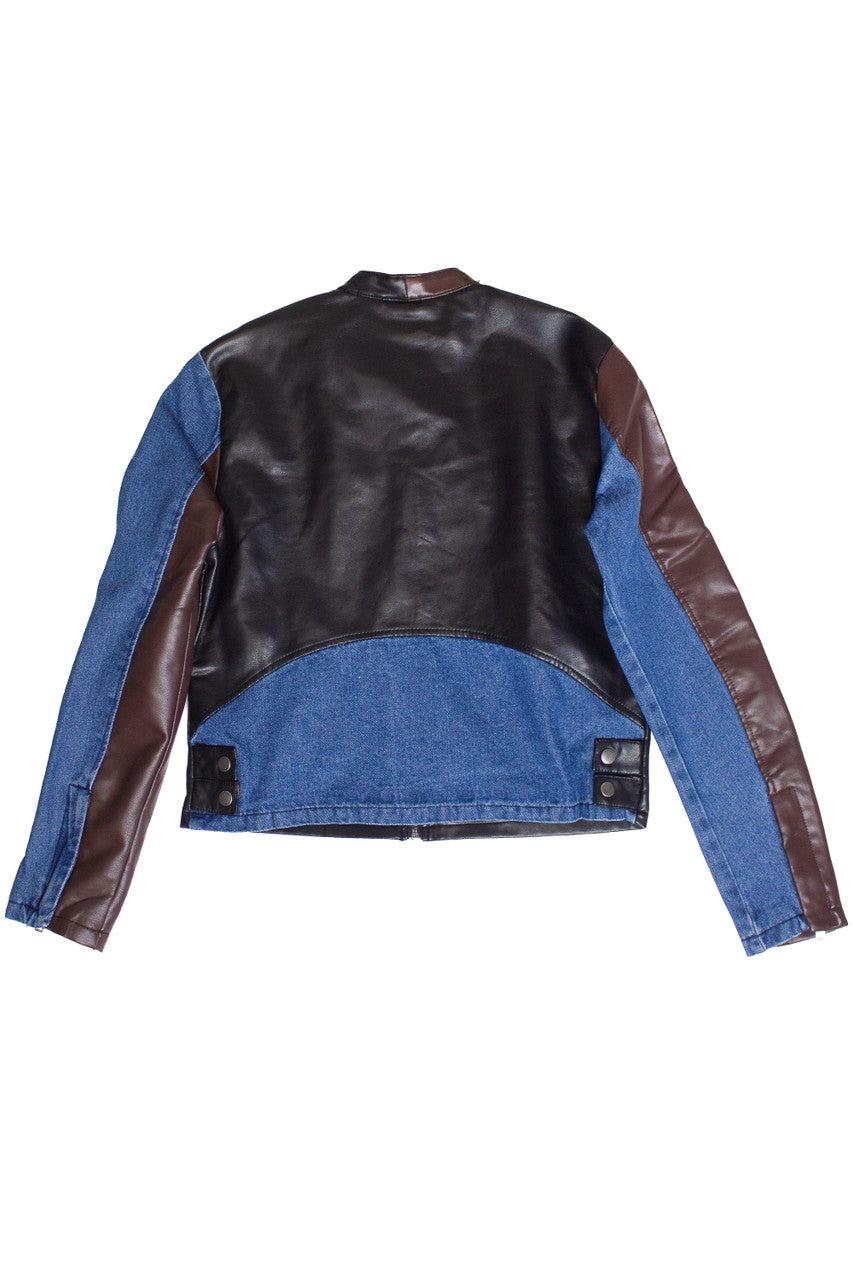 Pleather & Denim Color Block Moto Jacket Product Image
