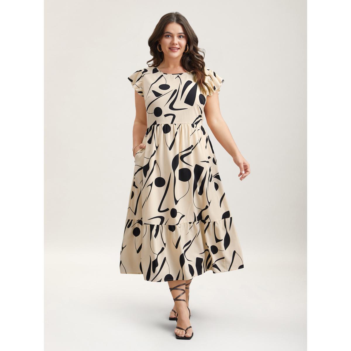 Plus Size Geometric Print Flutter Sleeve Tiered Midi Dress Apricot Women Elegant Ruffles Round Neck Cap Sleeve Curvy BloomChic 30/6X Product Image