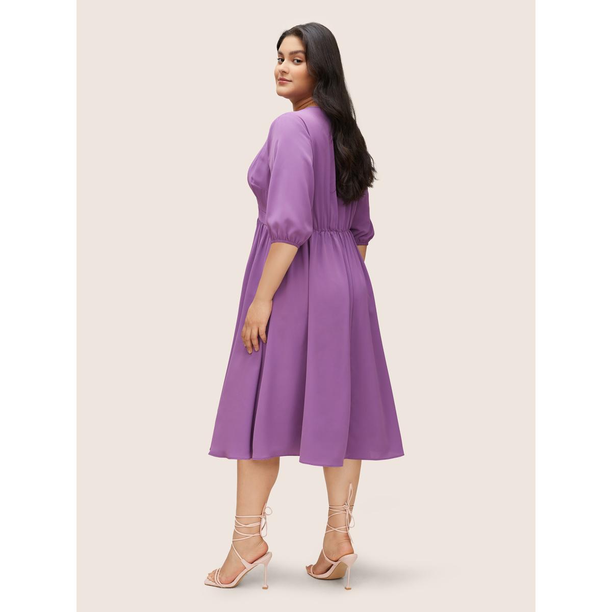 Plus Size Solid Patchwork Pleated Button Detail Dress Mauve Women At the Office Non V-neck Elbow-length sleeve Curvy Midi Dress BloomChic 30/6X Product Image