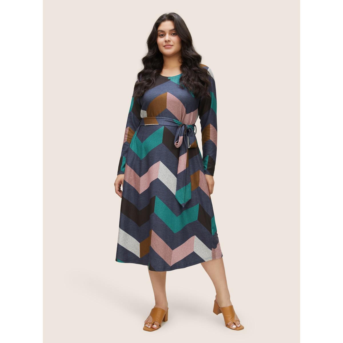 Plus Size Crew Neck Contrast Colorblock Belted Dress Multicolor Women Casual Belted Round Neck Long Sleeve Curvy Midi Dress BloomChic 14-16/1X Product Image