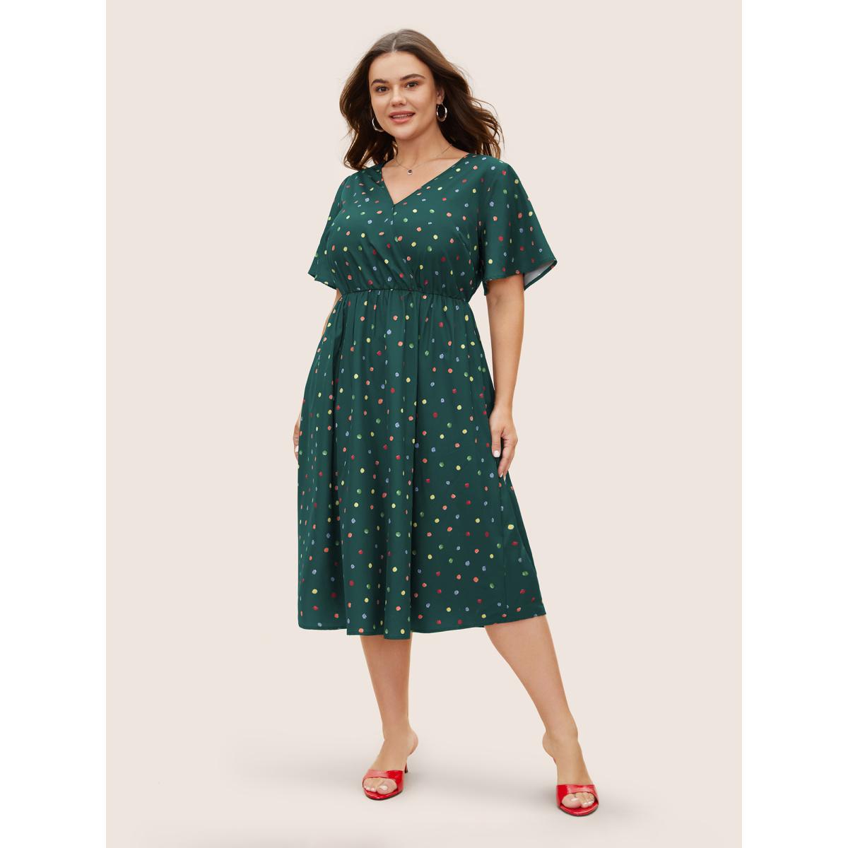 Plus Size Colored Polka Dot Overlap Collar Midi Dress DarkGreen Women Elegant Contrast Overlap Collar Short sleeve Curvy BloomChic 18-20/2X Product Image