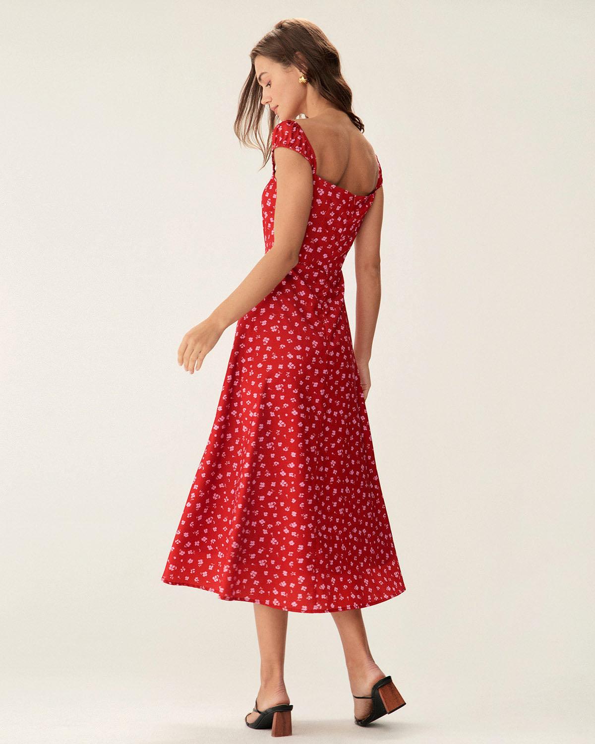 Red Floral Sweetheart Neck Cap Sleeve Midi Dress Product Image