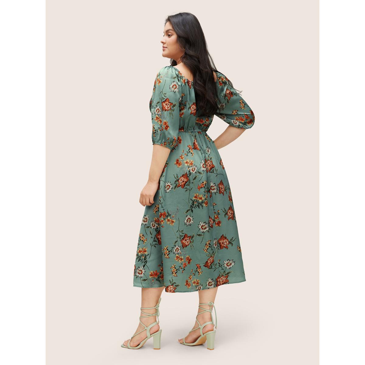 Plus Size Floral Elastic Waist Gathered Split Front Dress Mint Women Elegant Non Square Neck Elbow-length sleeve Curvy Midi Dress BloomChic 14-16/1X Product Image