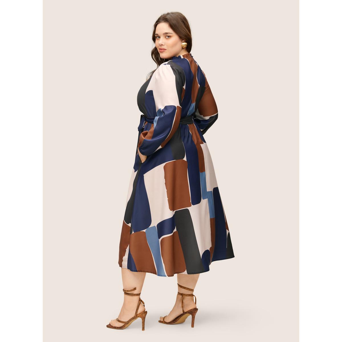 Plus Size Colorblock Contrast Gathered Frill Trim Belted Dress Multicolor Women Elegant Non Mock Neck Long Sleeve Curvy Midi Dress BloomChic 30/6X Product Image
