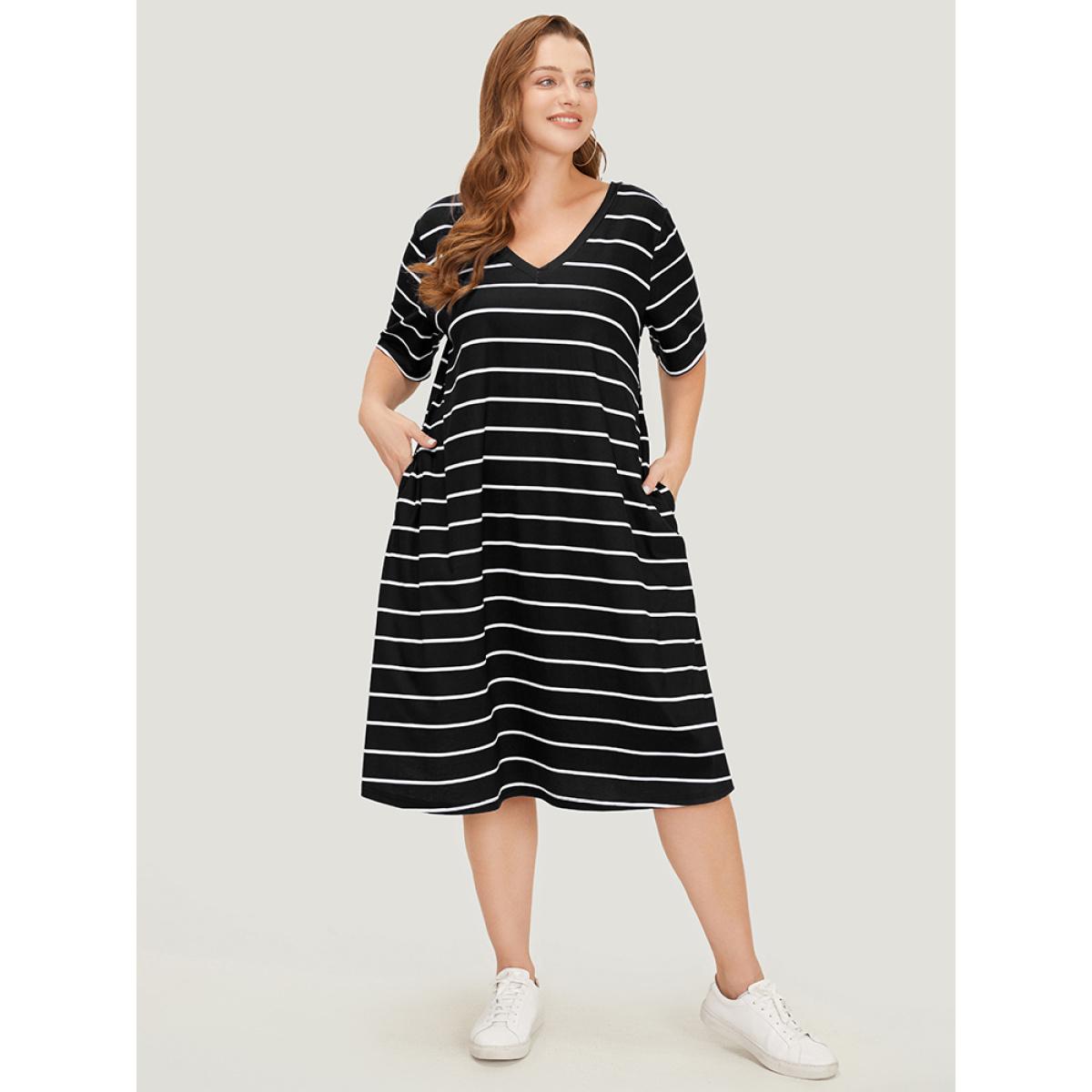 Plus Size Striped Print Pocket Flutter Crossover Back Dress Black Women Casual Cross straps V-neck Short sleeve Curvy Midi Dress BloomChic 30/6X Product Image