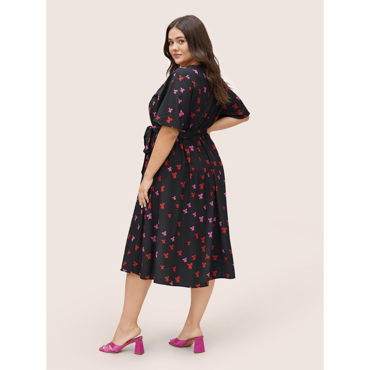 Plus Size Bowknot Overlap Collar Pocket Belted Dress Black Women Elegant Non Overlap Collar Short sleeve Curvy Midi Dress BloomChic 22-24/3X Product Image