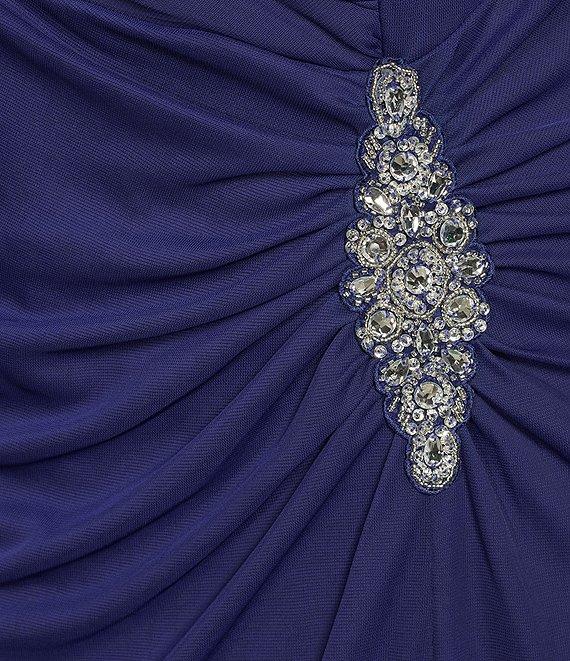 Alex Evenings Plus Size Mesh Portrait Collar V-Neck 3/4 Sleeve Ruched Dress Product Image