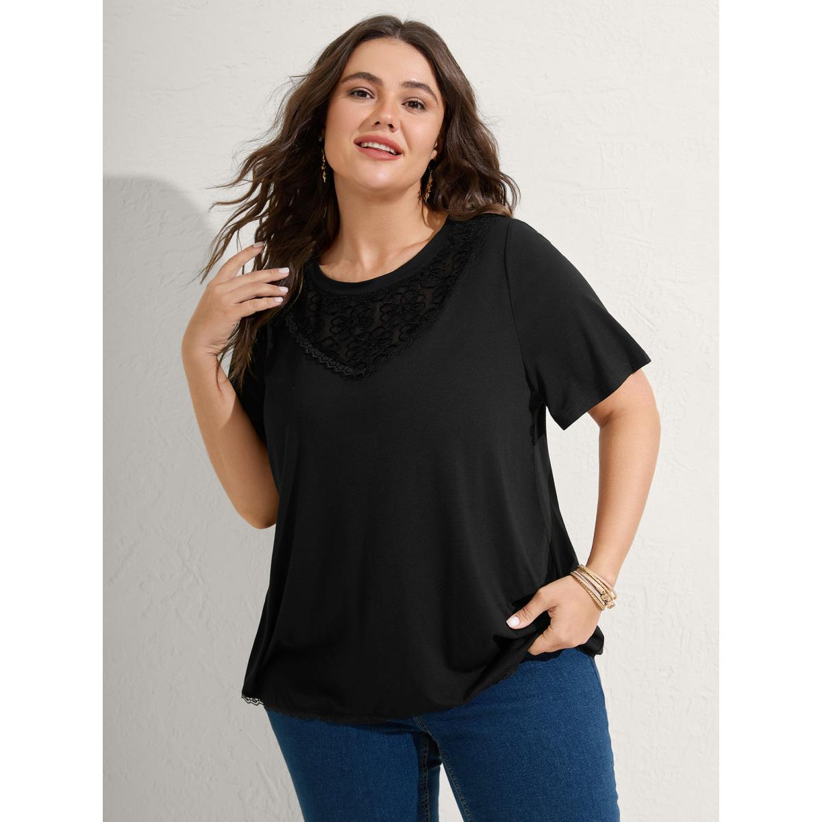 Plus Size Lace Neck Flowy Sleeve Solid T-Shirt Black Women Round Neck Vacation T-shirts BloomChic 28/5X Product Image