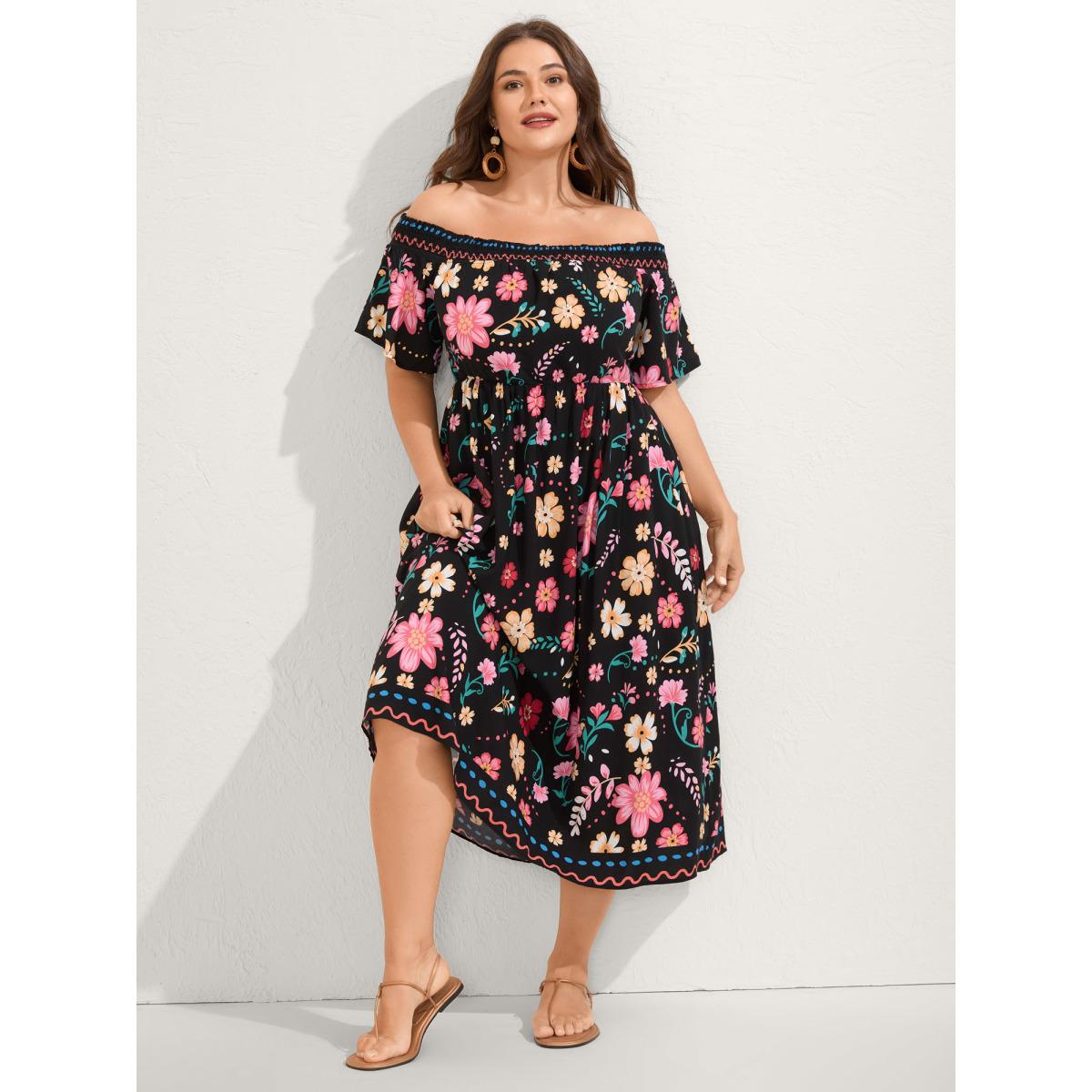 Plus Size Rayon Floral Shirred Off-Shoulder Midi Dress Black Women One-shoulder neck Short sleeve Curvy BloomChic 30/6X Product Image