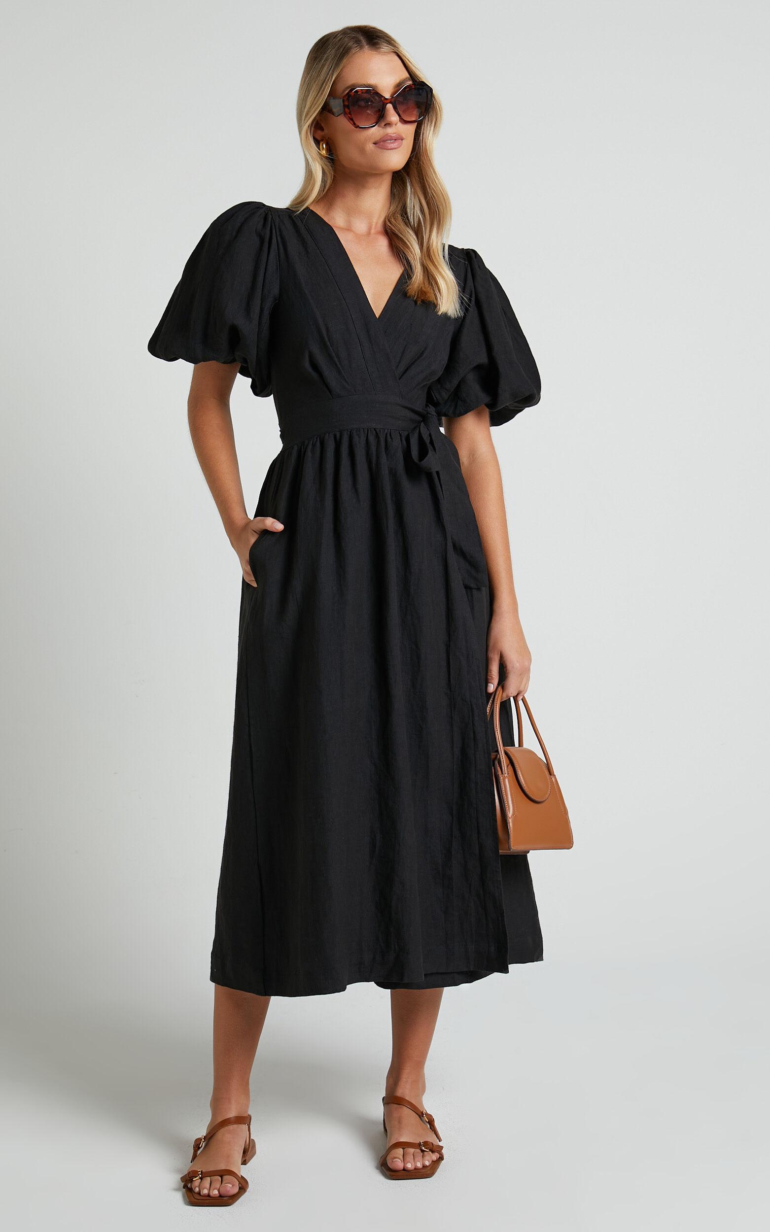 Amalie The Label - Franc Linen Puff Sleeve Wrap Midi Linen Dress in Black Product Image