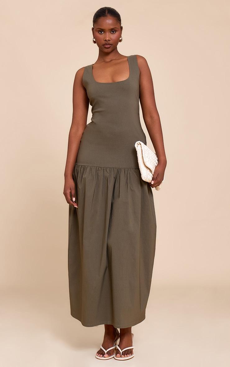 Khaki Stretch Woven Drop Waist Maxi Dress Product Image