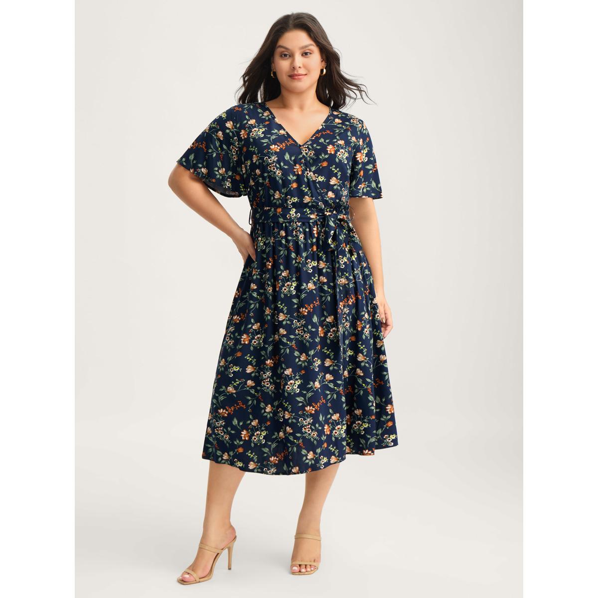 Plus Size Rayon Floral Side-Tie Stretchy Midi Dress Indigo Women Timeless Overlap Collar Short sleeve Curvy BloomChic 26/4X Product Image